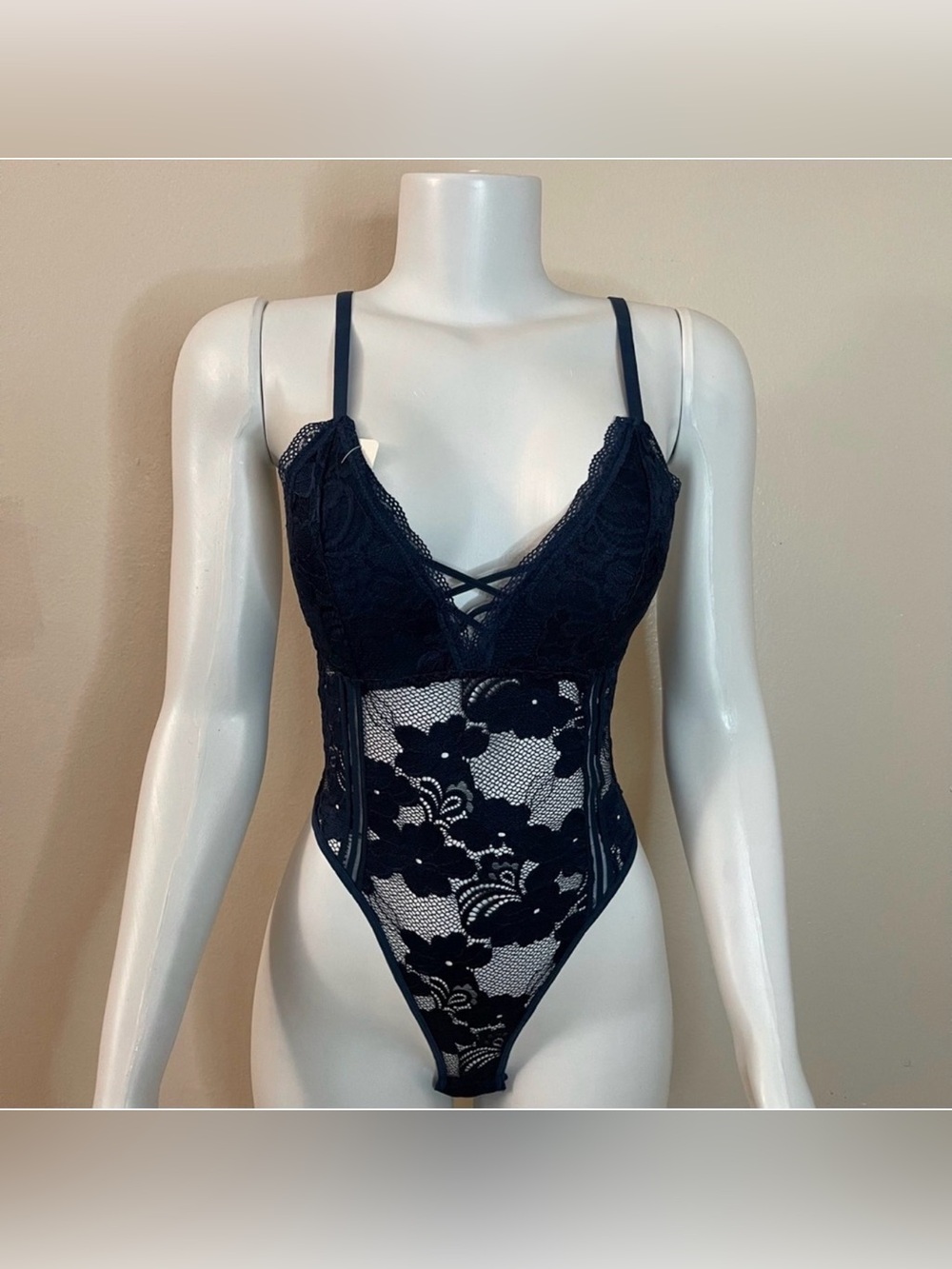 Blue lace crisscross removable pads teddy bodysuit